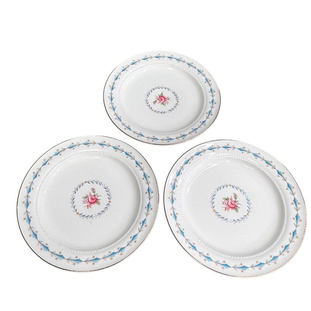 Harmony House Mount Vernon Hall China Bread Butter Plates Set 3 Blue Pink Floral